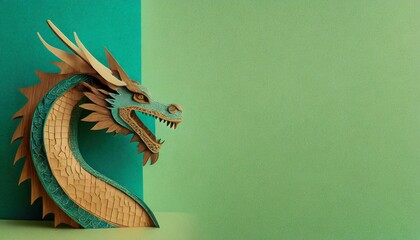 wood dragon on jade background festive chinese new year banner papercut art - obrazy, fototapety, plakaty