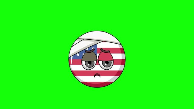flag of united states emoticon face with head bandage, emoji loop animation