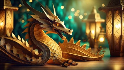 wood and gold dragon on jade background festive chinese new year banner