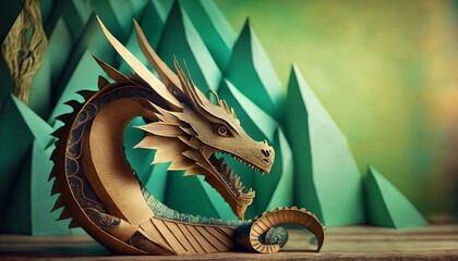 papercut of a wood dragon on jade background festive chinese new year banner