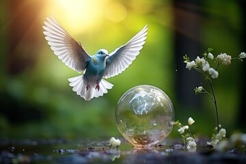 World environment and Earth Day go hand in hand. Globe. The dove of peace is flying above the earth. blurred nature background.by Generative AI