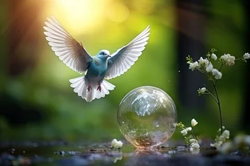 Fotobehang World environment and Earth Day go hand in hand. Globe. The dove of peace is flying above the earth. blurred nature background.by Generative AI © chartchai