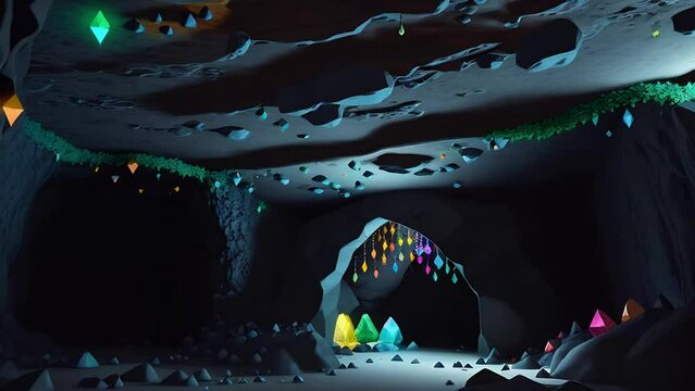 Cave with sparkling treasures and gems. Variety of precious stones that emit a mesmerizing glow, illuminating the dark surroundings. Mystery of hidden treasures deep within the earth. Zoom in