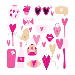 Set of decorative elements for Valentine's day for your design. Hearts, balls, candies, birds, letters, flags. Sticker pack. Isolated elements on a white background. Doodle.