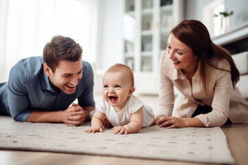 Happy parents watching their cute baby excited crawling on floor at home