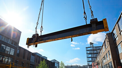 A truck crane lifts a large steel beam on a construction site. Real estate construction process. - Powered by Adobe