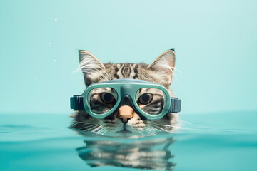 Cat swims in the pool wearing swimming goggles. AI generated - obrazy, fototapety, plakaty