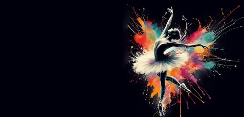 Ballet dancers splash colorful illustrations, black background with copy space, generative ai - obrazy, fototapety, plakaty