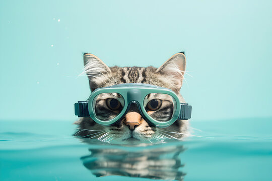 Cat swims in the pool wearing swimming goggles. AI generated