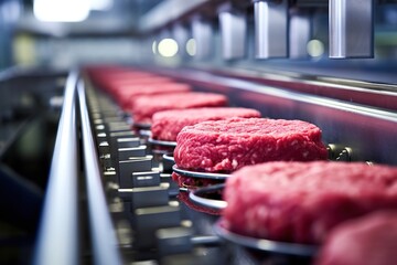 Conveyor in an eco-friendly meat factory producing beef burger cutlets.
Factory producing prepared beef on a conveyor belt: modern meat factory with ecological bioprinting