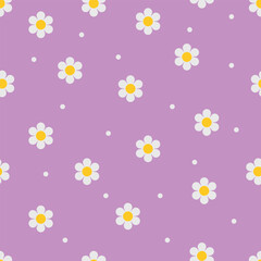Hand drawn daisy flower seamless pattern on a lilac pastel color background