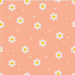 Hand drawn daisy flower seamless pattern on a  peach pastel color background
