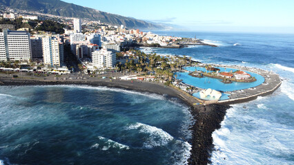 Aerial view of Puerto de la Cruz coastline, Tenerife island, Spain. Travel destination.