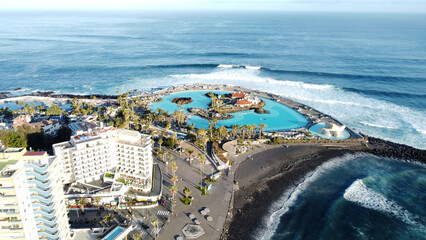 Aerial view of Puerto de la Cruz coastline, Tenerife island, Spain. Travel destination. - 693455521