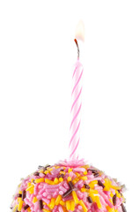 colorful birthday cake with candle isolated on white background, PNG