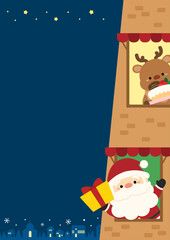 窓から顔を出すサンタとトナカイのクリスマスカードデザイン、背景紺色