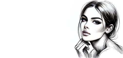 Beauty, fashion, make-up, and art concept. Beautiful woman portrait sketch style drawing. Model face drawn with black ink lines style. Black and white illustration, generative ai
