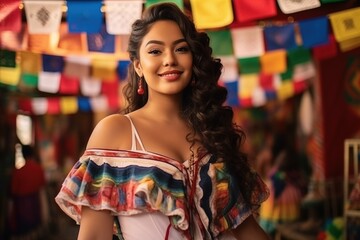 mestizo woman with asian traits wearing traditional dress for the festa junina with colorful flags in the background