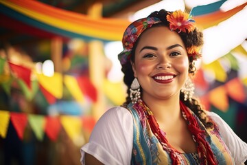Fototapeta premium mestizo woman with asian traits wearing traditional dress for the festa junina with colorful flags in the background