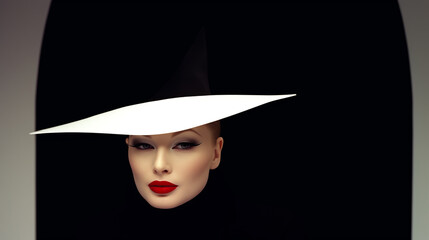 A Stylish Mannequin with a Black Hat and Bold Red Lipstick