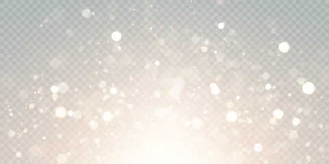 Gold dust light bokeh. Christmas glowing bokeh and glitter overlay texture for your design on a transparent background. Golden particles abstract vector background.	