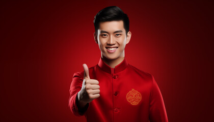 Happy Chinese new year, Asian man doing thumbs up wearing traditional cheongsam dress on red background, Generative AI