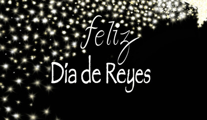 Text happy kings day with camels on black sky background and golden glitter.