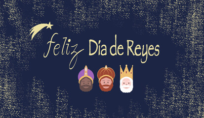 Text happy kings day with three kings melchor, gaspar and balthazar on blue sky background and golden glitter. - obrazy, fototapety, plakaty