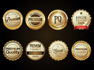 Premium quality golden badges isolated on black background vector - 693456787