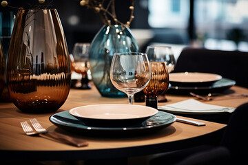 Obraz na płótnie Canvas Dreamlike Scandinavian Restaurant Setting in Dark Beige and Light Azure