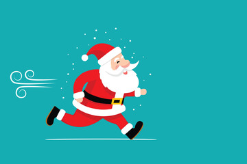 Christmas Happy New Year greeting card banner with funny cartoon Santa Claus running under snow on blue turquoise background. Template with copy space