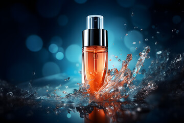 Cosmetic or parfume bottle with colorful fluid splash - obrazy, fototapety, plakaty