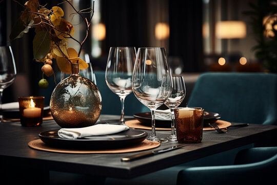 Dreamlike Scandinavian Restaurant Setting in Dark Beige and Light Azure