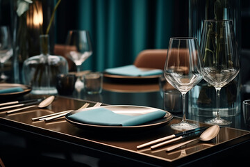 Dreamlike Scandinavian Restaurant Setting in Dark Beige and Light Azure