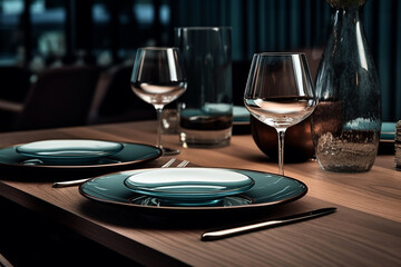 Fototapeta na wymiar Dreamlike Scandinavian Restaurant Setting in Dark Beige and Light Azure