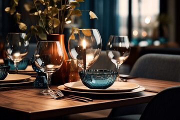 Dreamlike Scandinavian Restaurant Setting in Dark Beige and Light Azure