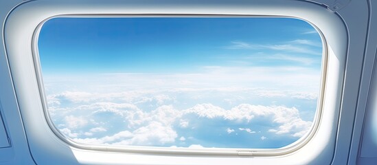 Fototapeta premium Airplane window provides aerial view of sunny day with white clouds.