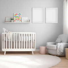 Childrens room interior. White frame mockup. Poster mockup. Vertical mock up poster frame