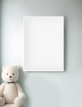 Childrens room interior. White frame mockup. Poster mockup. Vertical mock up poster frame