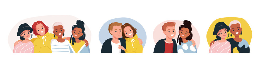 Big set group of diverse characters style young people couples together hugging posing isolated on white background. University fellow students classmates, buddies, pals doing keepsake photograph.