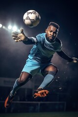 Action shot of a goalkeeper diving to save a soccer ball during a match, with focus on the intensity and agility in the moment