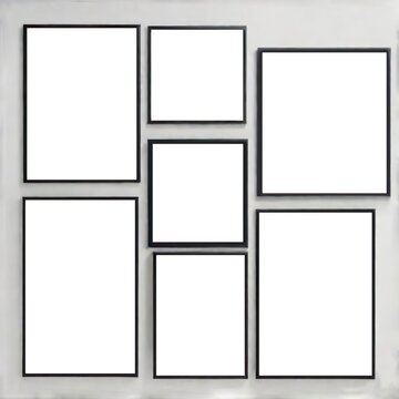 Gallery wall mockup in home interior background, AI gen, empty copy space. Multiple many black picture frames on white wall.