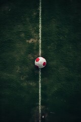 Aerial view of a soccer ball on the penalty spot with the goal in the distance, highlighting the tension before a penalty kick - obrazy, fototapety, plakaty