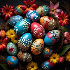 Fototapeta na wymiar A Bowl of Hand-Painted Easter Eggs Amidst Spring Florals, Easter greeting card, painting workshop, craft fair marketing, invitation design, flyer, window display