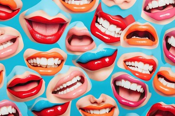 Abstract composition collage of laughing female mouths
