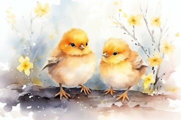 Twins: Chicks Duo Amidst Spring Blossoms, Easter greeting card, poster, announcement, storybook illustration, nursery decor
