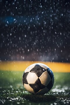 Close-up image of a soccer ball with water droplets on its surface, symbolizing a game played in the rain, with stadium lights in the background