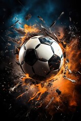 Fototapeta premium Dynamic photo of a soccer ball shattering into pieces at the moment of impact, representing the power and intensity of the sport