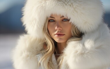 Winter shot of a beautiful woman wearing white fur