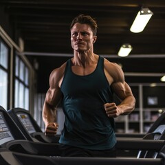 Fototapeta na wymiar Australian gym guy, muscly, running on treadmill in the gym. Generative AI